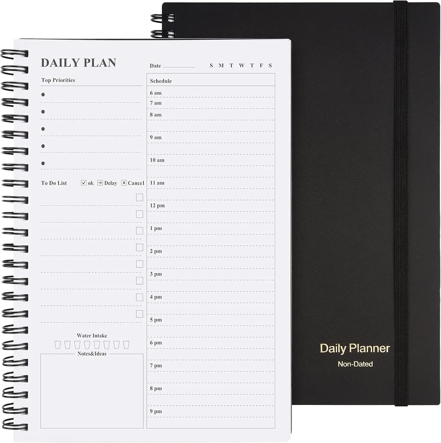 Agenda Giornaliera Non Datata - Quaderno con Pianificazione Oraria, Lista delle Cose da Fare, Copertina Rigida in PVC, Chiusura Elastica, 21x14,7 cm (Nero)
