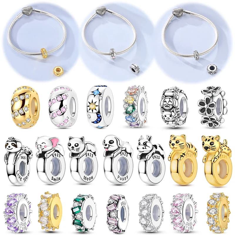 925 Silver Charms Silicone Spacer Stopper Clip Beads Sun Moon Love Cross Flower Fit Original Women Bracelet Dangle DIY Gift