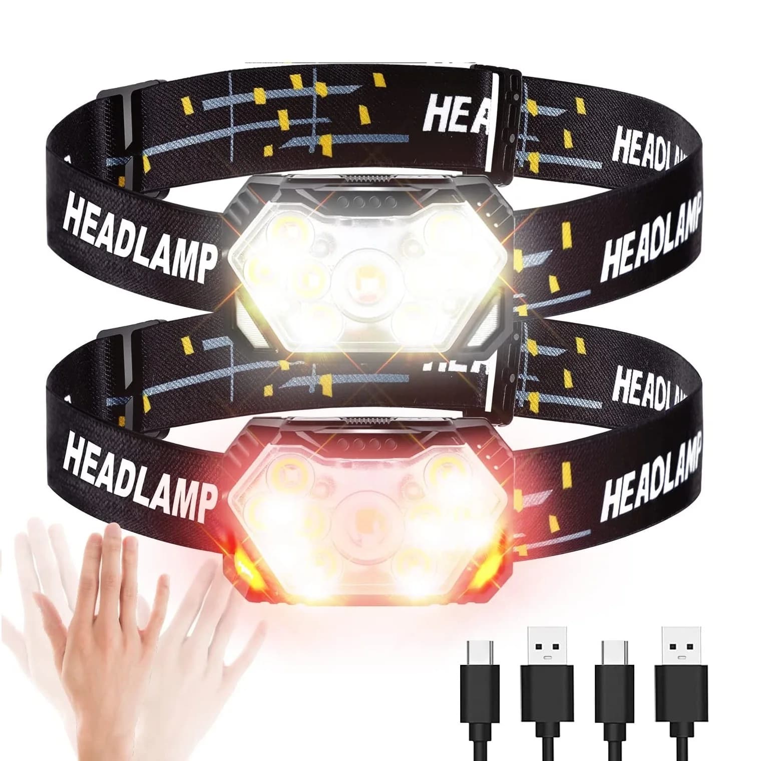 Lampada frontale a 9 LED con luce forte, ricaricabile tramite USB, con sensore di movimento, portatile, da pesca, da campeggio, per esterni, torcia da lavoro