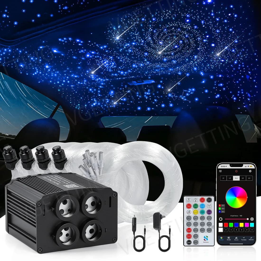 4 porte Twinkle RGBW Meteor Soffitto Tetto dell'auto Stella di ripresa Luce LED Fibra ottica Luce Cielo stellato Lampada APP Musica Telecomando