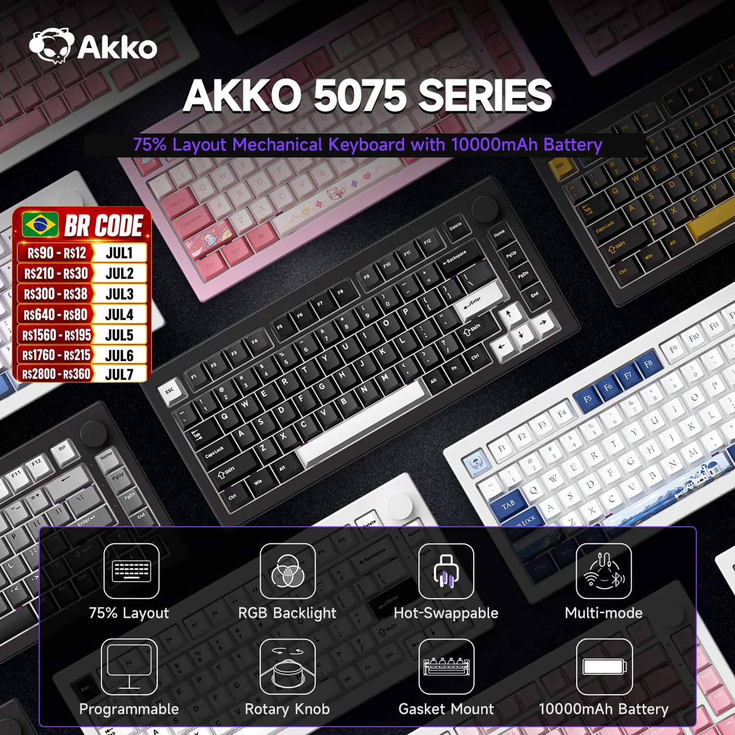 Akko 5075 V3 75% Tastiera meccanica 8000/10000mAh 2.4GHz Wireless/Wired Type-C/BT 5.0 Guarnizione RGB hot swap per la digitazione di giochi