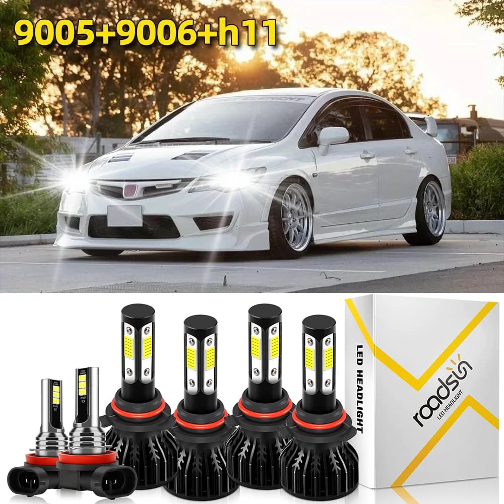 Misura Per Honda Civic 2007-2015 Faro A LED Fascio Alto/Basso + Lampadine A Nebbia Combo 9005 9006 H11 500% Più Luminoso 6000K Bianco civic 8a Gen