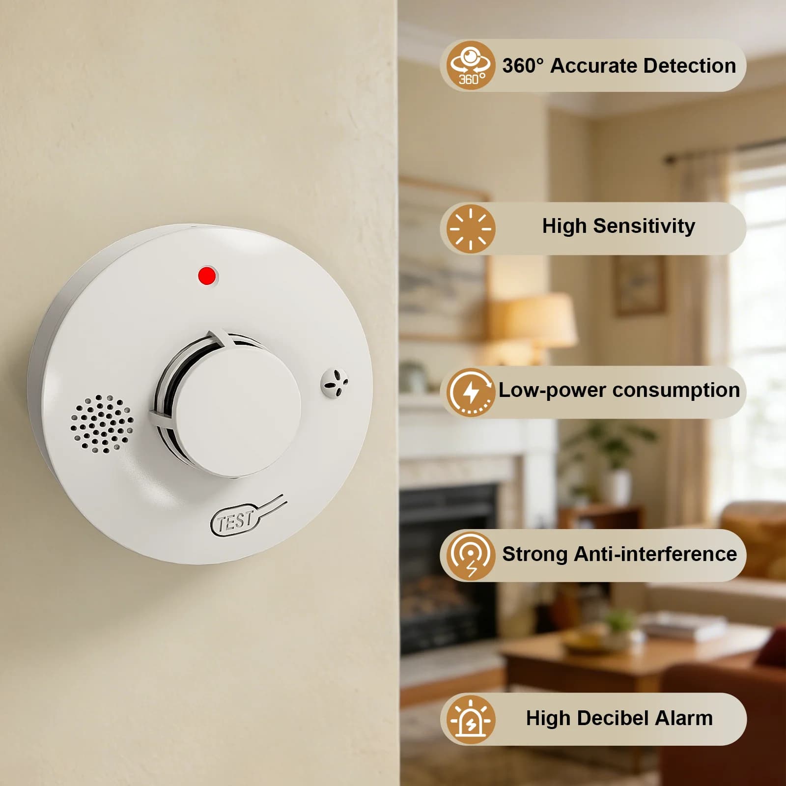 Rilevatore di fumo e incendio wireless autonomo da 3 V CC per la protezione della sicurezza di casa, scuola e hotel.