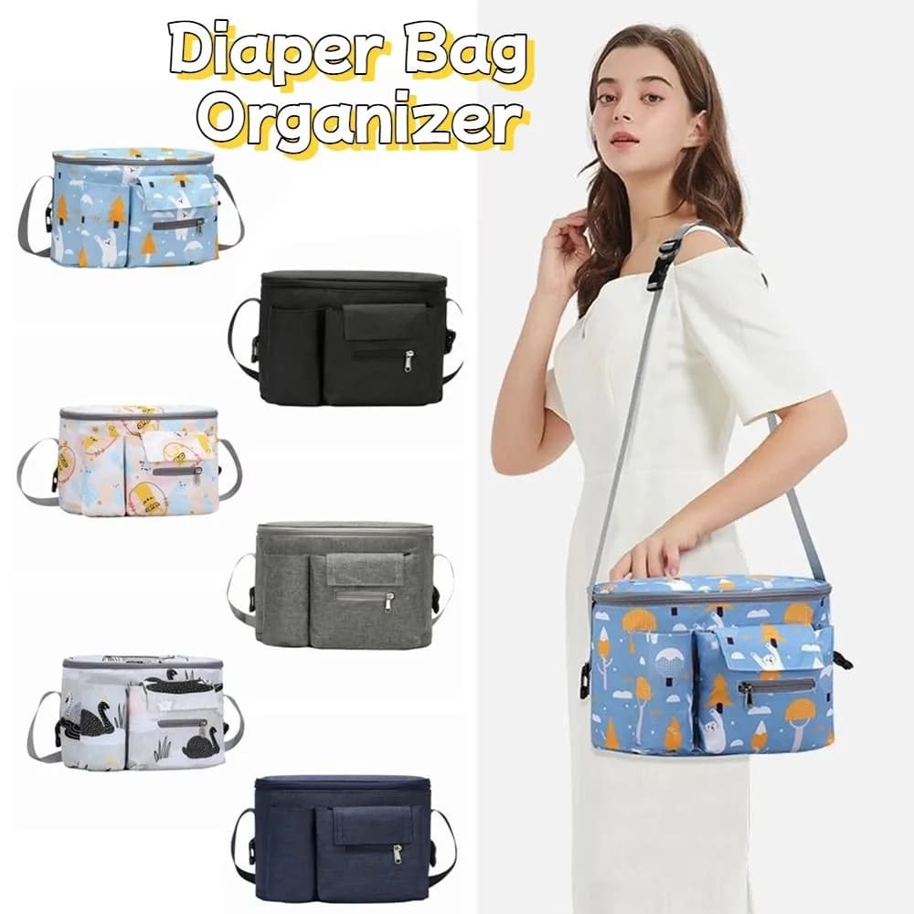 Borsa per passeggino di grande capacità Tasche multiple Borsa per pannolini in tessuto Oxford Organizzatore Cartone animato Risparmia spazio Borsa per mummia