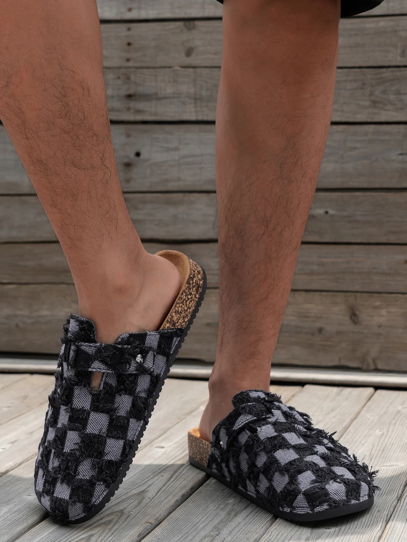 Men's Mule Shoes, Vintage New Spring casual slip-on moccasins with denim upper, half-cloths closed cork grain slippers, flat slippers with adjustable buckle
