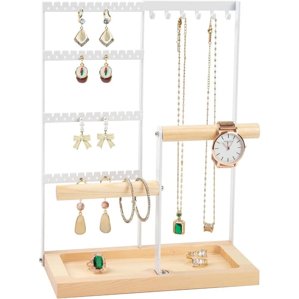 4 Tier Wooden Jewelry Organizer Stand with 48 Earring Hooks and Necklace Holder Box for Earrings Rings Bracelets Necklaces Display Storage White