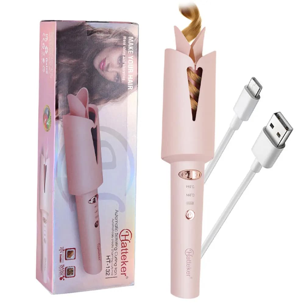 Arricciacapelli Automatico Rotante con Ioni Negativi in Ceramica Hatteker, Ricaricabile USB, Strumento di Styling per Bellissimi Ricci