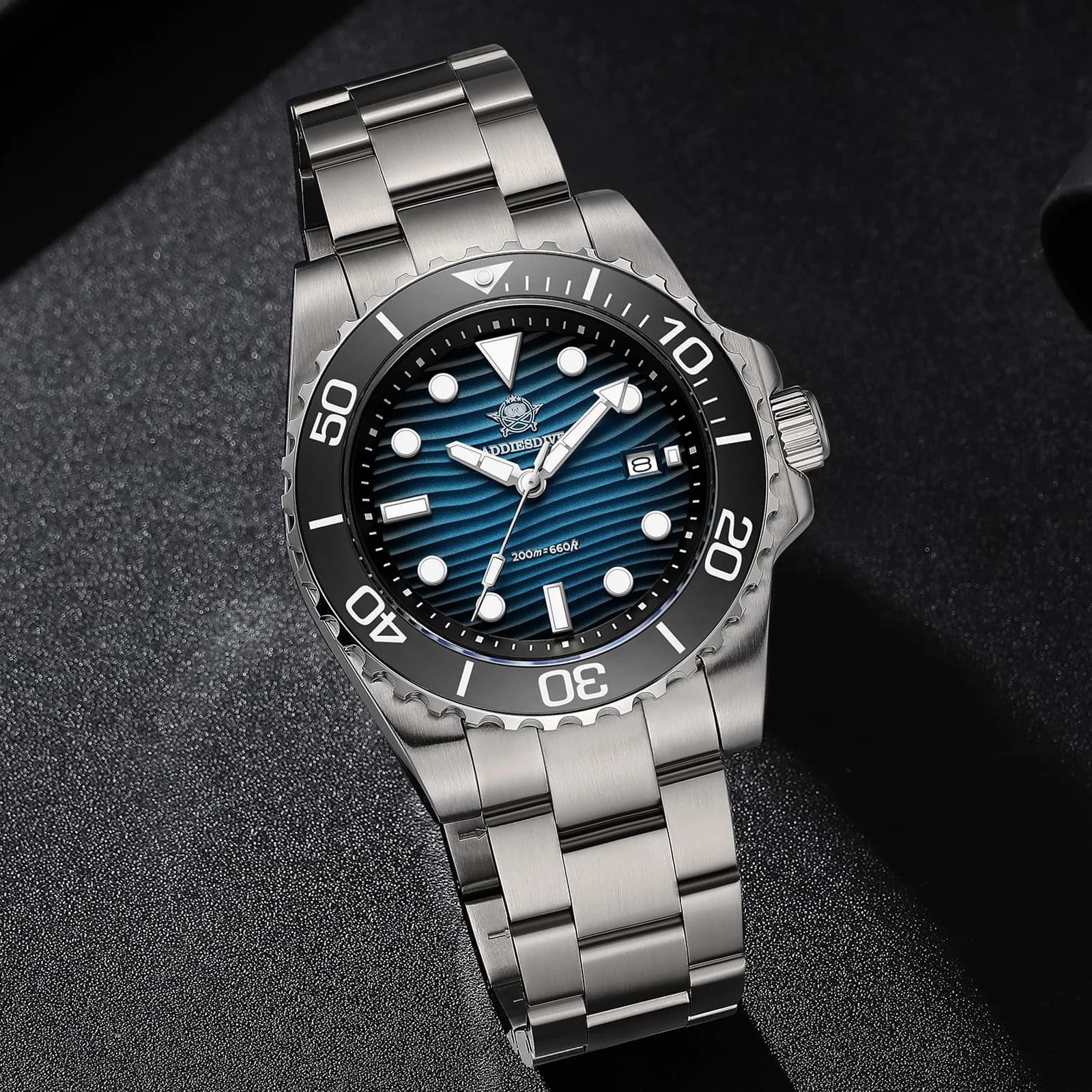 ADDIESDIVE AD2537 Men's Underwater Watch with Japanese Movement 2115, Stainless Steel Case 316L, Dial with Desert Texture and Luminescence BGW9, Waterproof