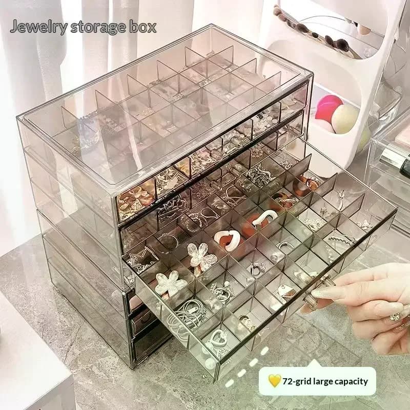Jewelry Storage Box for Earrings, Necklaces, Large Capacity Rings, 3 Layer Grills, 72 Grills, Anti Dust Storage Box for Table Drawers