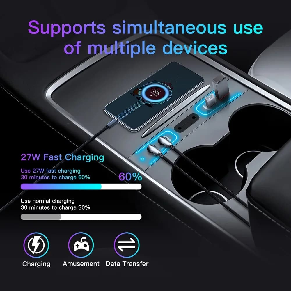 Hub USB caricatore rapido da 27 W per Tesla Model 3 Tesla Model Y 2021-2023 Adattatore per auto docking station intelligente con apertura con luce