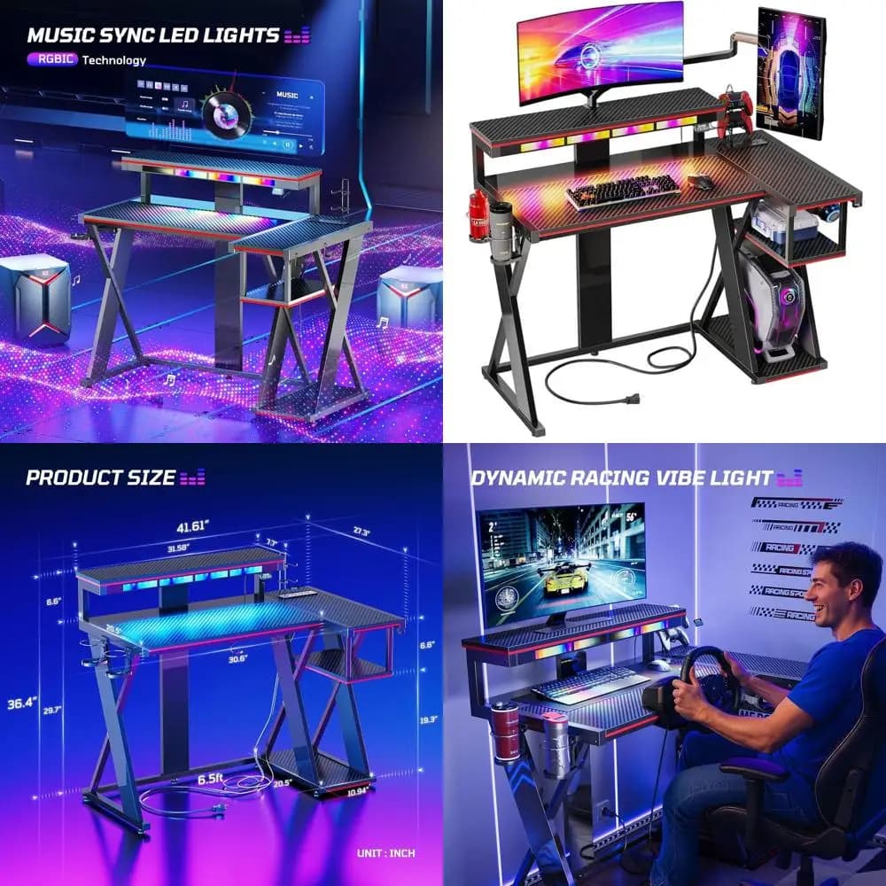 42-inch Gaming Compact Desk with RGB Lights Synchronized, Monitor Support, Space for PS5 and Glass/Earphone for Small Spaces - Black