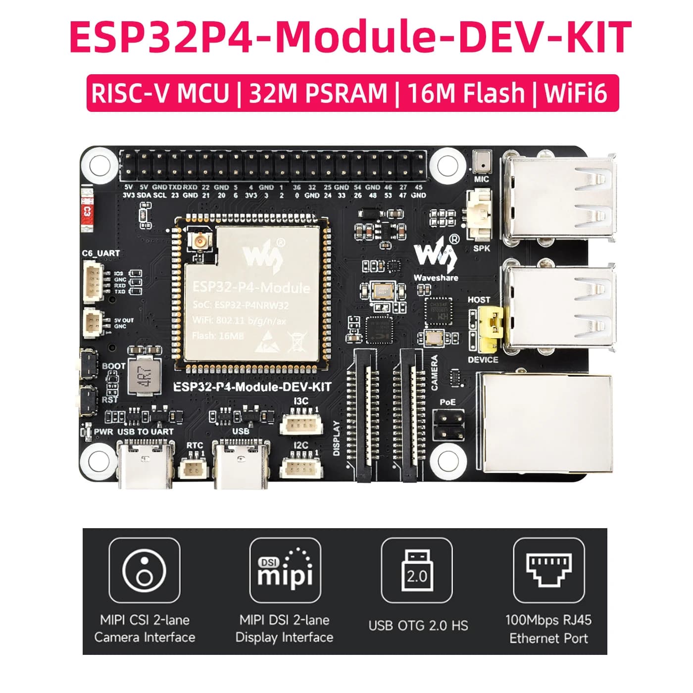 ESP32-P4-Module-DEV-KIT Scheda di sviluppo ESP32-P4 con ESP32-C6 WiFi 6 Bluetooth 5 BLE MIPI CSI DSI RJ45 Porta USB PoE Altoparlante