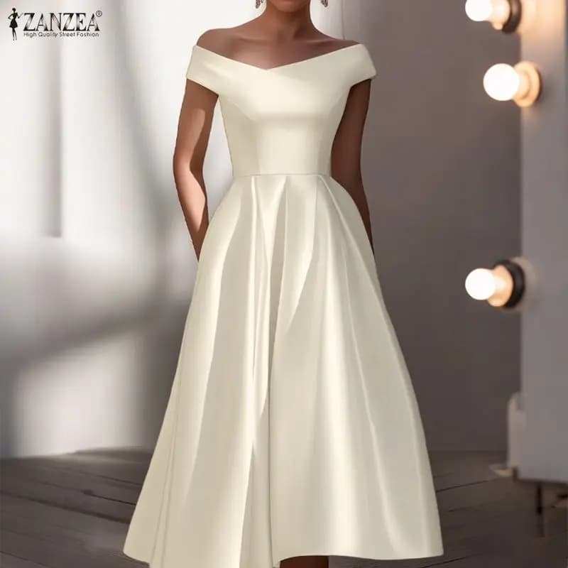 ZANZEA Elegant women's satin evening dresses, sexy, with uncovered shoulders, dress medging and flaky, summer cocktail dresses