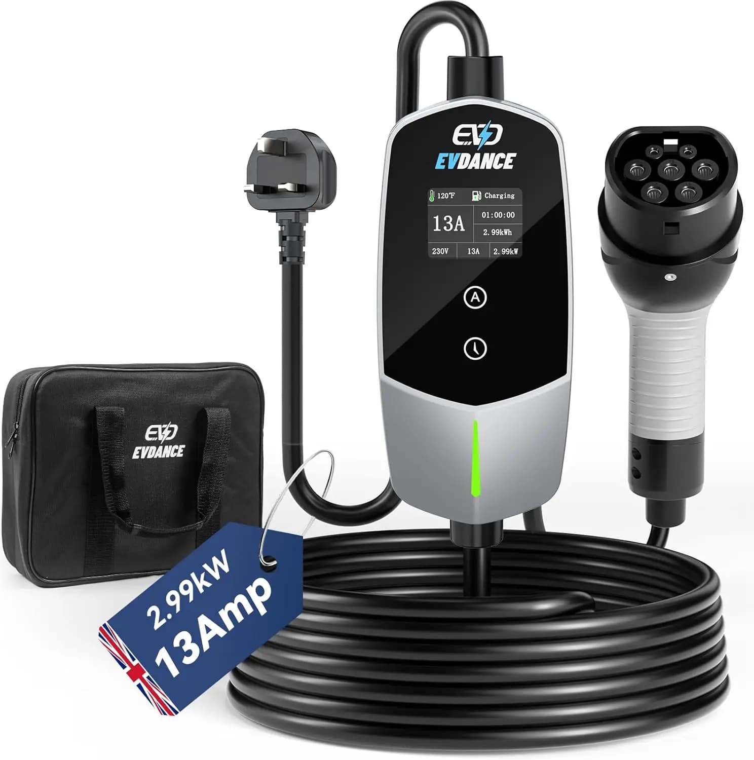 Portable EV charger EVDANCE type 2 plug UK 13A 2.99KW charger EVSE charger adjustable electric car charger for outdoor home use