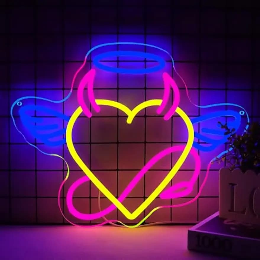 Insegna al Neon a Forma di Cuore con Ali, Luce LED Dimmerabile USB, Decorazione da Parete per Sala Giochi, Camera da Letto, Soggiorno, Bar, Feste, Regalo