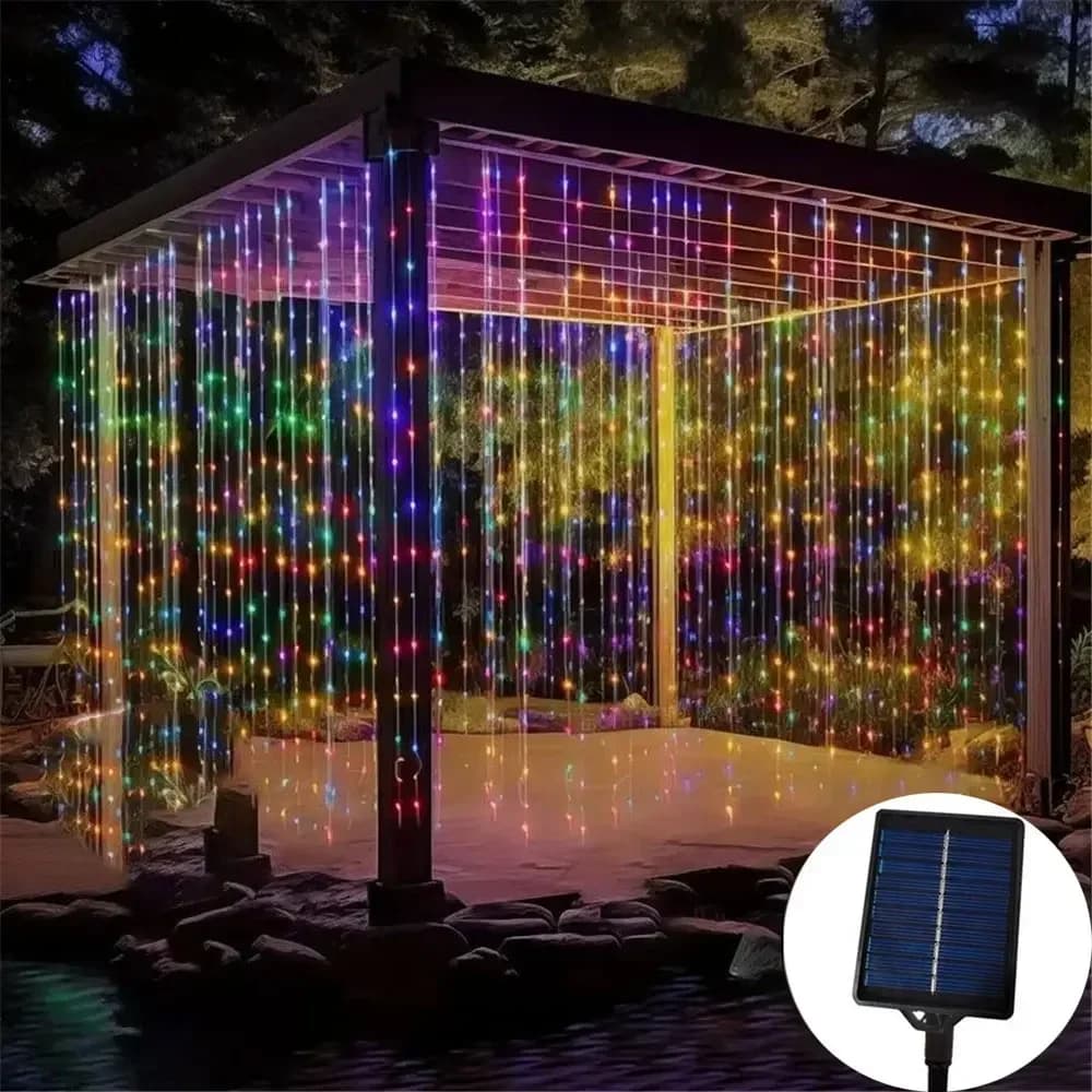 Luci per tende solari a LED Giardini all'aperto Lampada da fata Cortili esterni Feste natalizie Decorazioni natalizie Luci in filo di rame