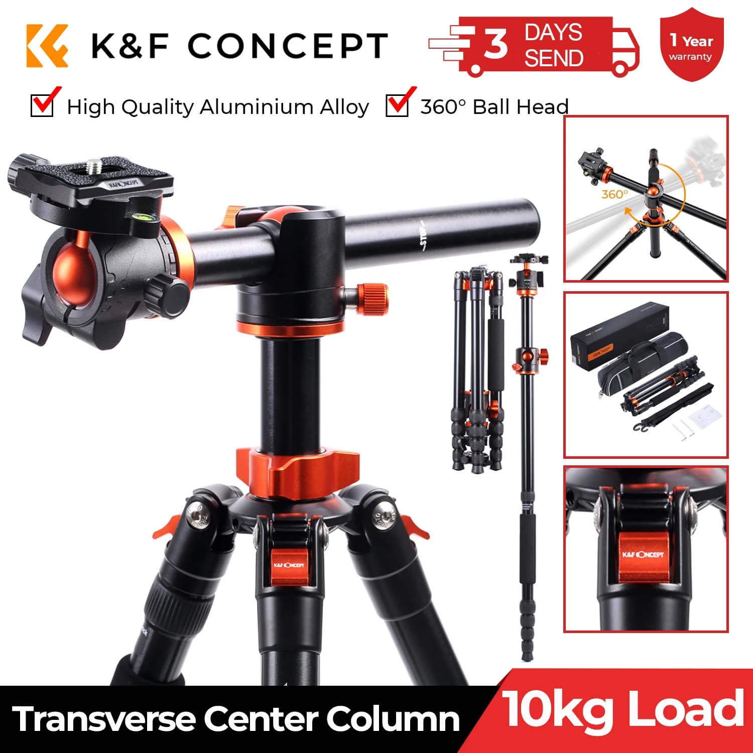 K&F CONCEPT Treppiede da Viaggio in Alluminio T255A4 67 Pollici Monopiede Portatile 360 ° Piastra a sgancio rapido con testa a sfera per Canon Sony DSLR