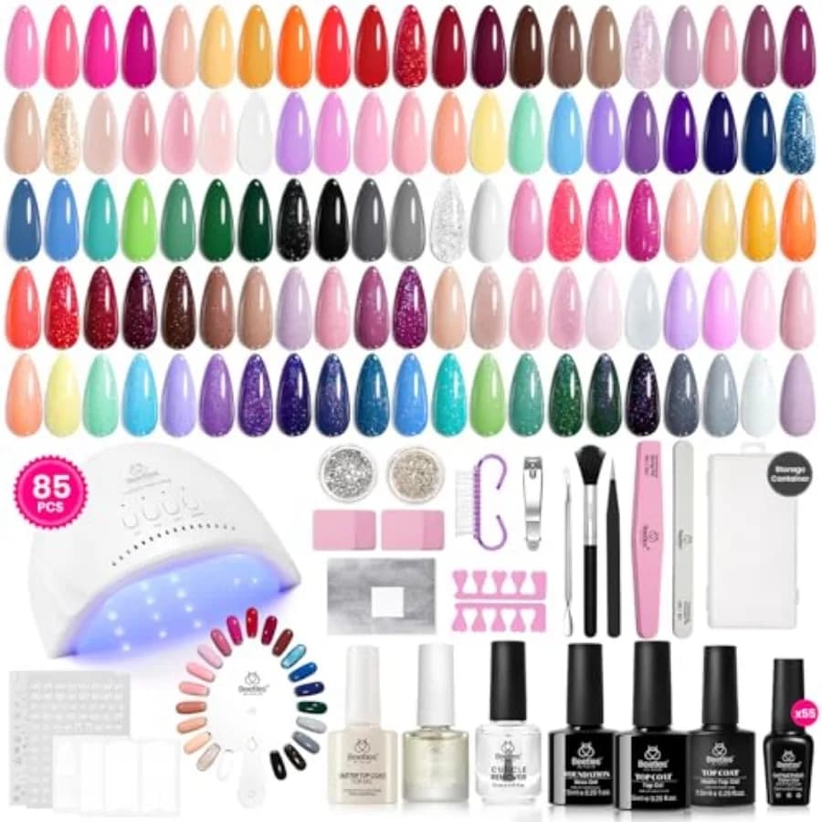 Kit Smalto Gel per Unghie Beetles con Luce UV 85 Pezzi, Set Sinfonia Stagionale 55 Colori con Decorazioni Diamantate e Strumenti per Manicure Artistica