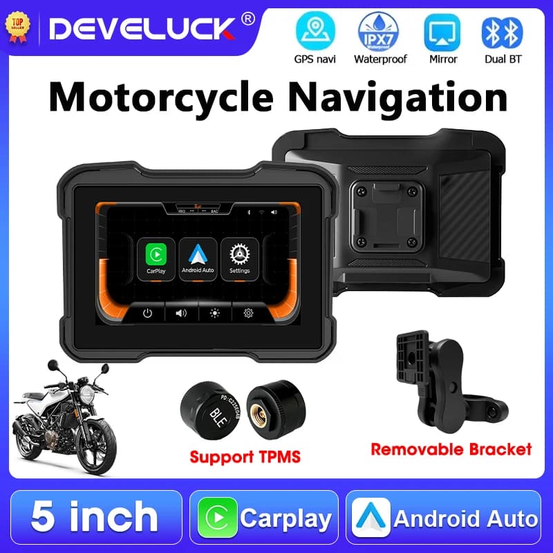 5 inch portable GPS navigator for motorcycle, wireless, with Carplay and Android Auto, IPX7 waterproof, Bluetooth, bike monitor, TPMS support