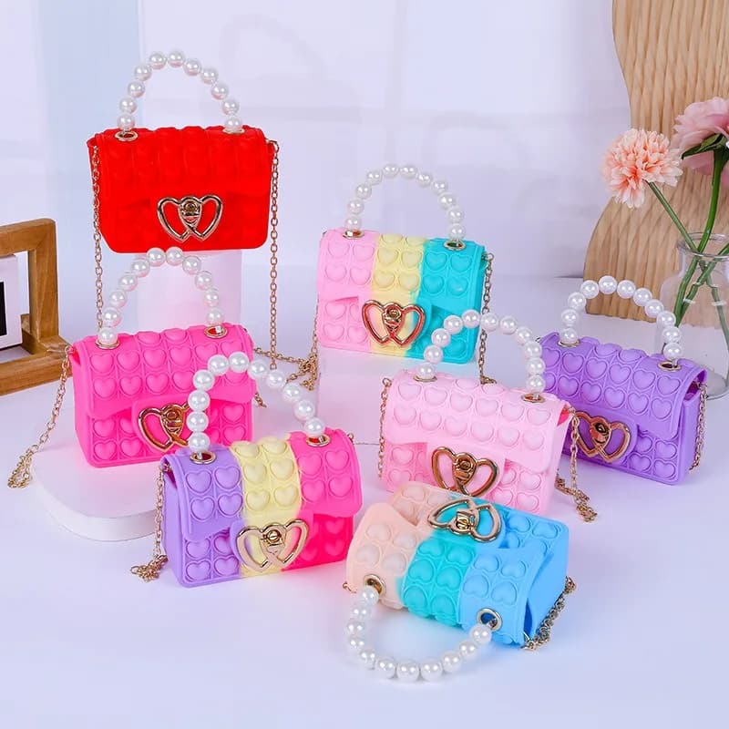 Silicone love bubble jelly bag, popper bag to relieve pressure, pop it bag with synthetic pearl handle, cute chain shoulder bag