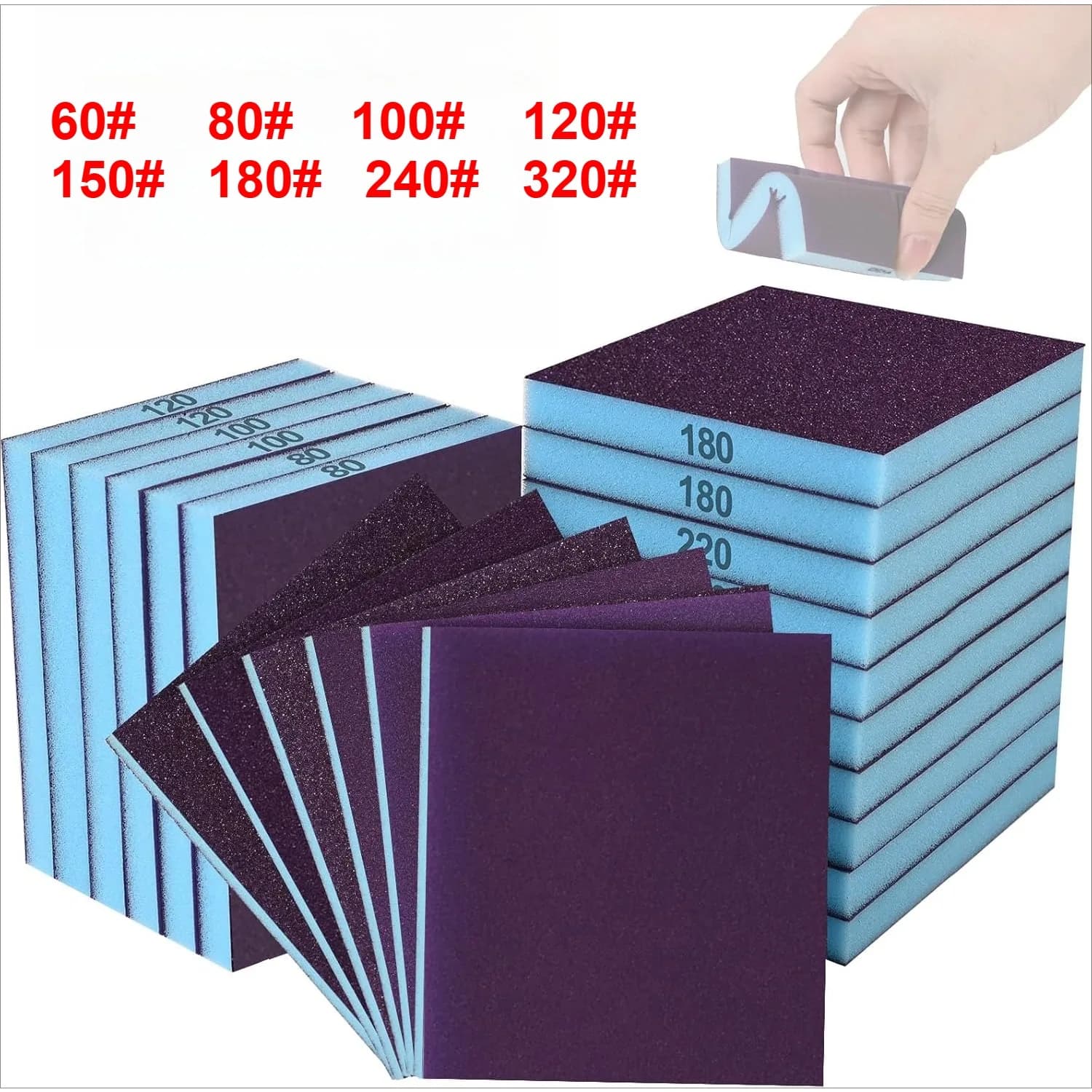 Confezione da 8 Spugne Abrasive Bifacciali, Blocchi per Levigatura a Secco e Umido 60-320 # Assortimento lavabile per legno curvato, vernice, cartongesso, metallo