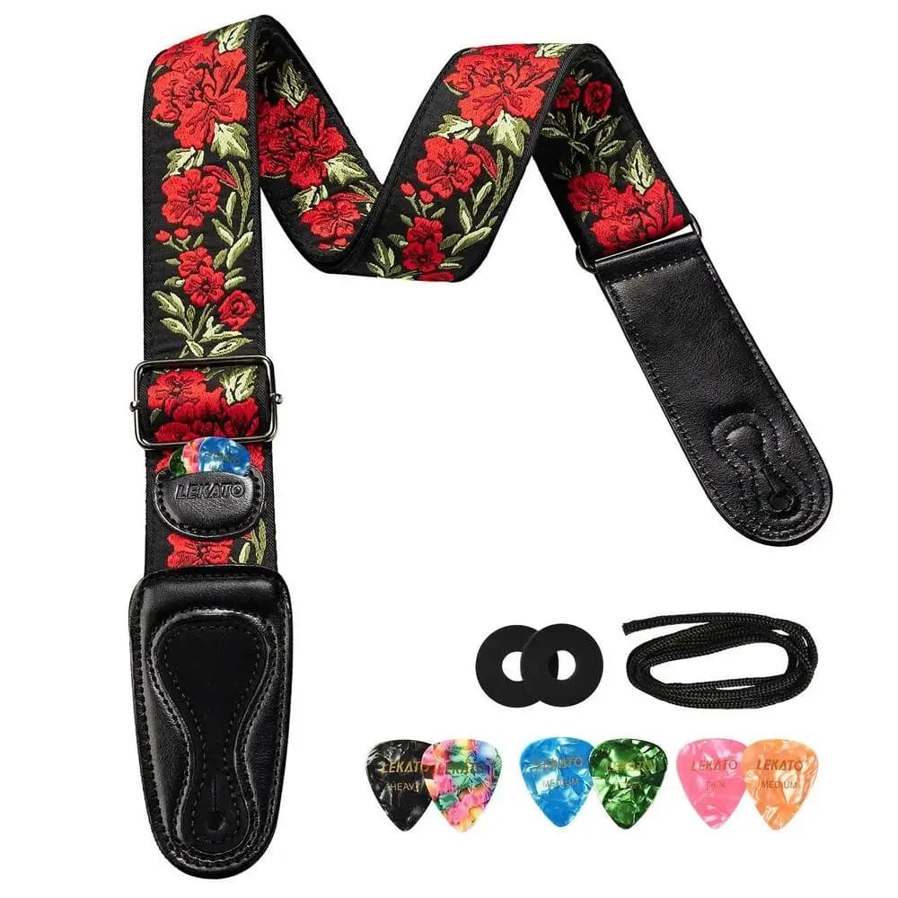 LEKATO LGS-6 guitar shoulder strap with 6 pletters 2 electric bass locks for acoustic guitar