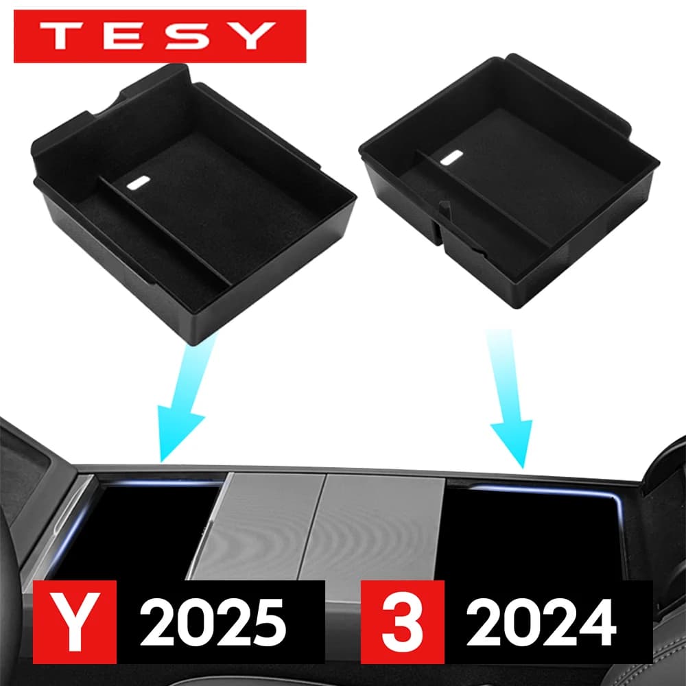Organizer for console with armrest and storage compartment for Tesla Model Y Juniper 2026 and Model 3 Highland 2024, in ABS with silicone pad