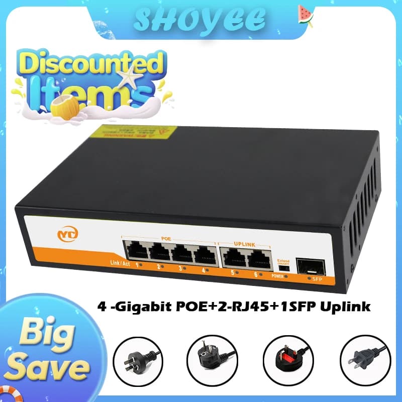 Nuovo switch Ethernet Gigabit POE RJ45 a 7 porte SFP con plug and play non gestito 802.3af/at uplink, per telecamera IP/NVR