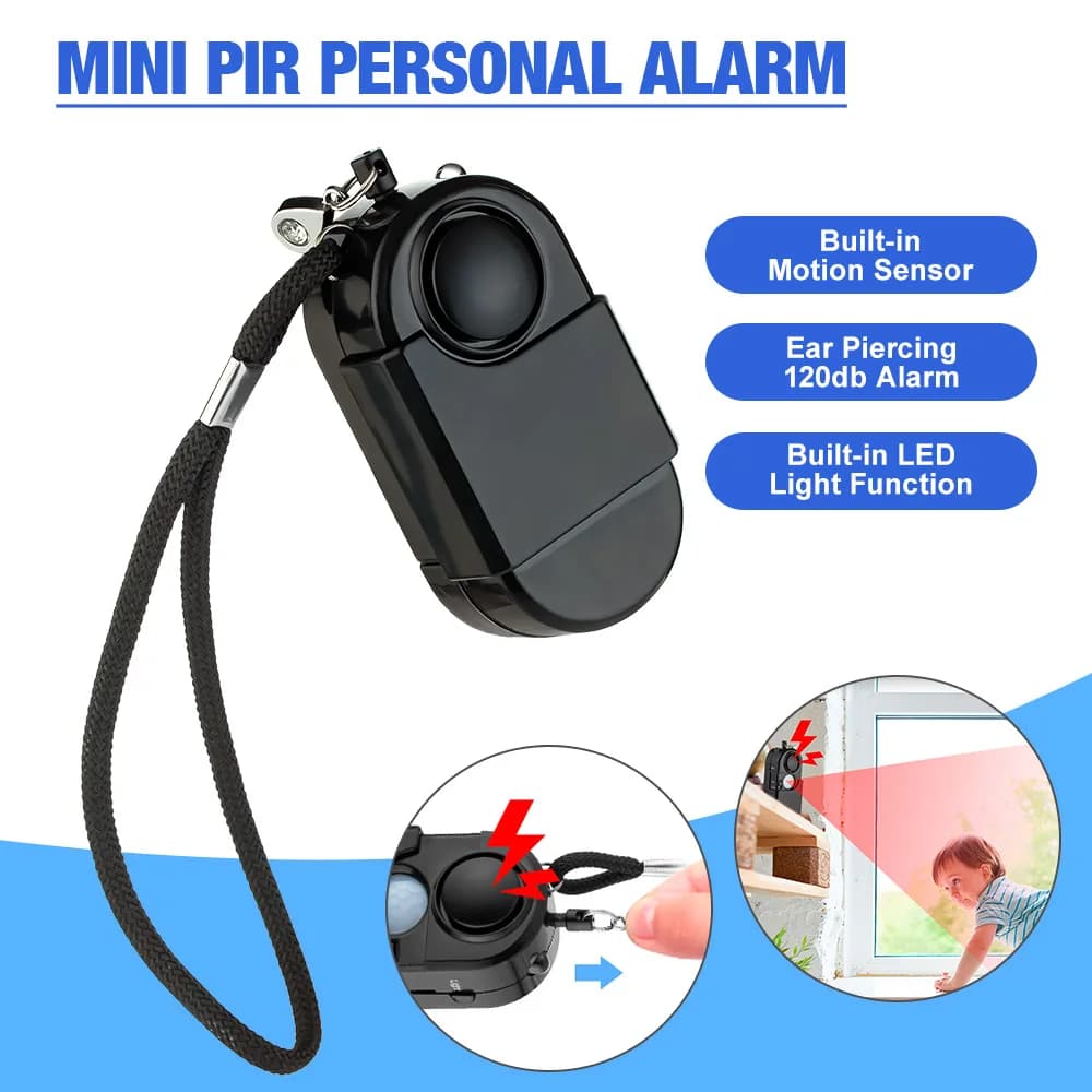 Mini rilevatore di movimento portatile Allarme 120DB Sirena SOS Torcia LED Allarme di sicurezza per viaggi a casa Allarmi personali sicuri per bambini