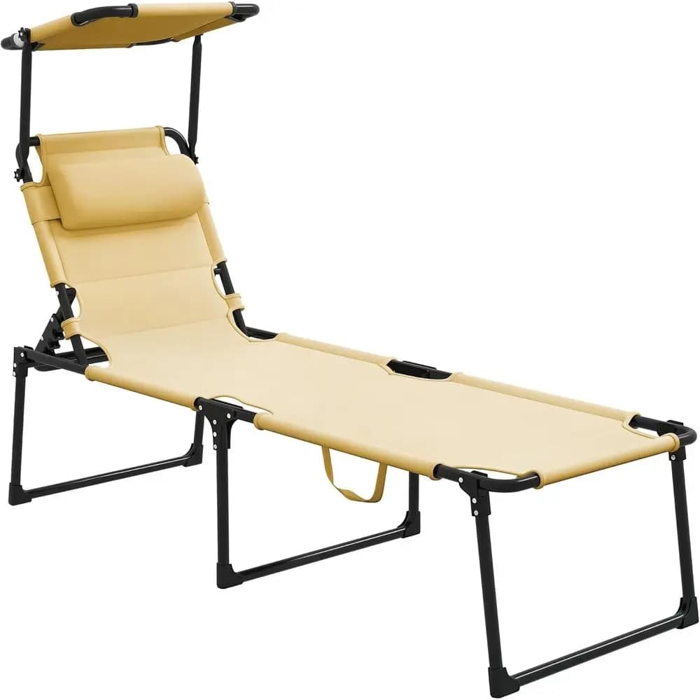 Adjustable padded frame with sunshade and cushion, Ideal for sunbathing, beach, camping, white cream