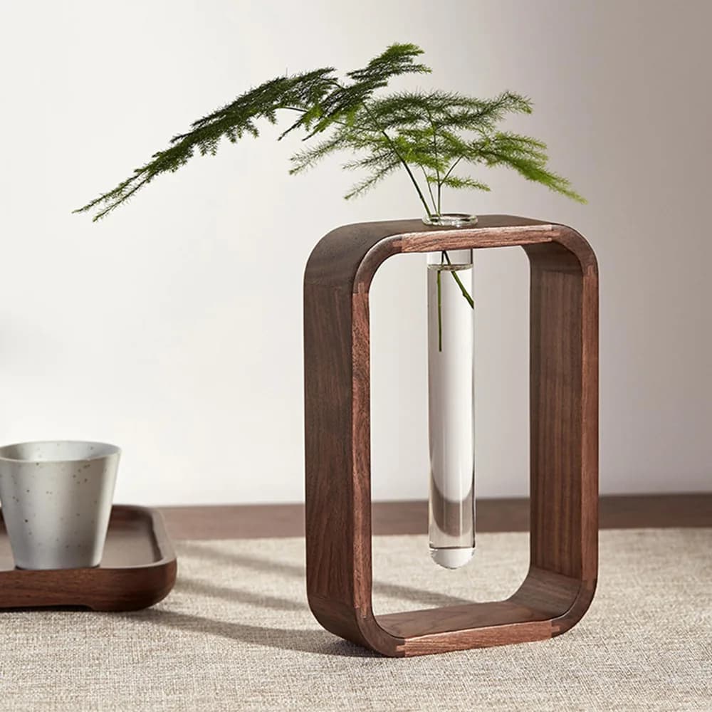 Vaso HeMu Minimalista con Cornice in Legno di Noce, Fioriera Idroponica, Vaso Decorativo Moderno per Arredamento Soggiorno