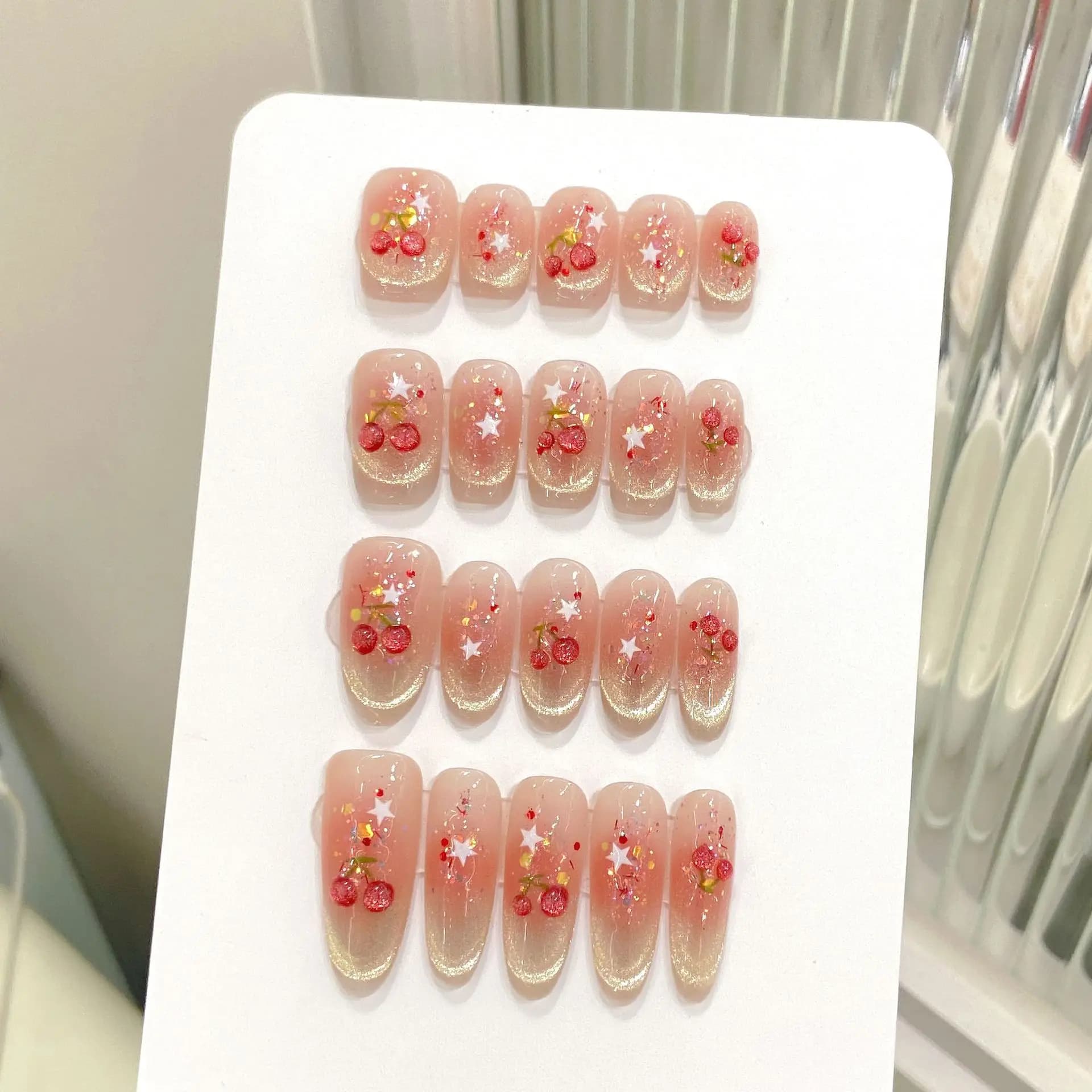 10 pieces sweet cherry print on nails for women girls smile shiny cat eye Y2k star handmade nails fake fard delicate fake nails