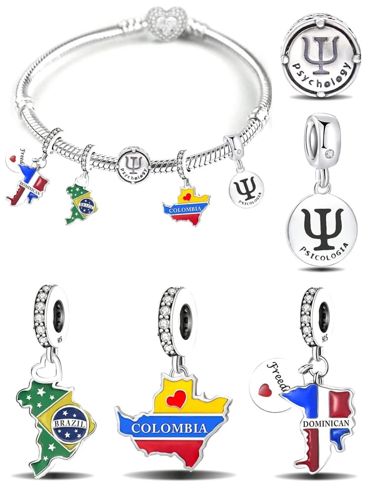 925 Sterling Silver Columbia Brazil Various Countries Pendants Beads Measuring Bracelets Pan Original Bracelets Jewelry Refined Gift