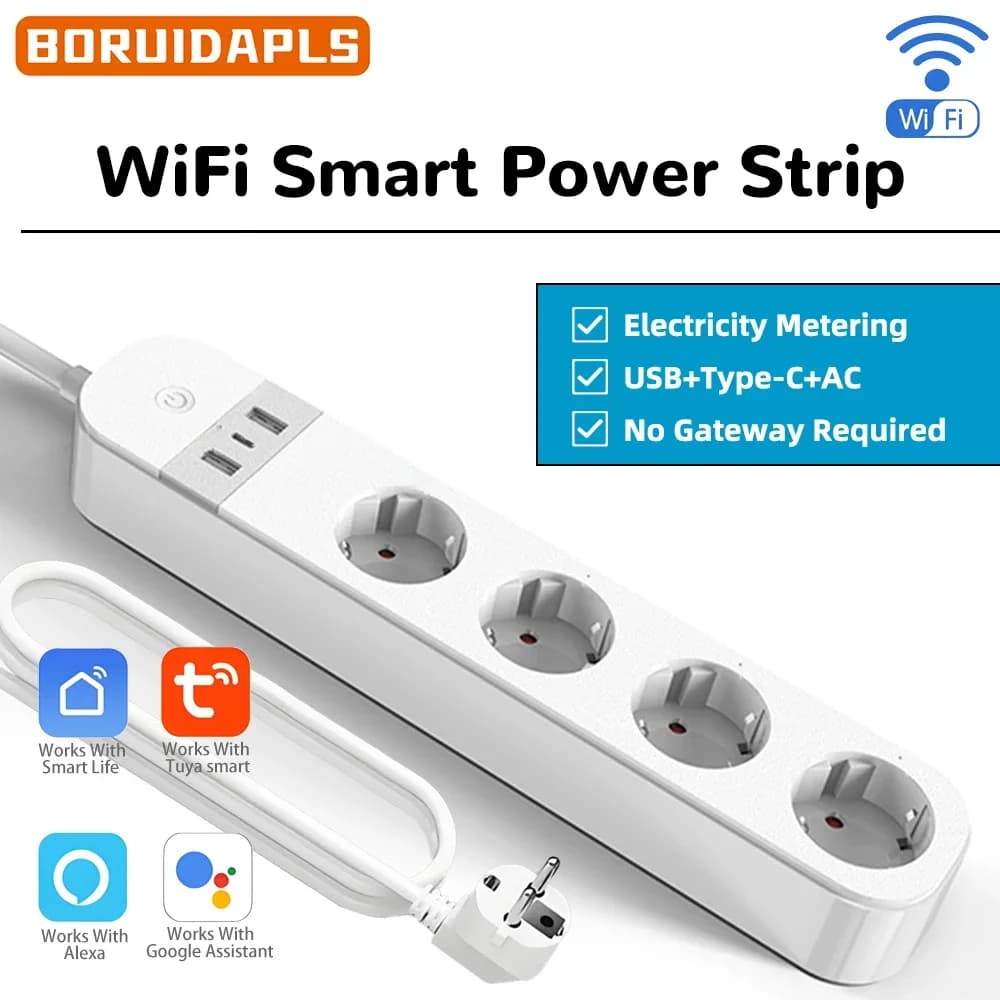 BORUIDAPLS FR Intelligent WiFi with USB and Type-C, Vocal/App/Timer control, Energy monitoring, 3 AC sockets for Alexa/Google Home