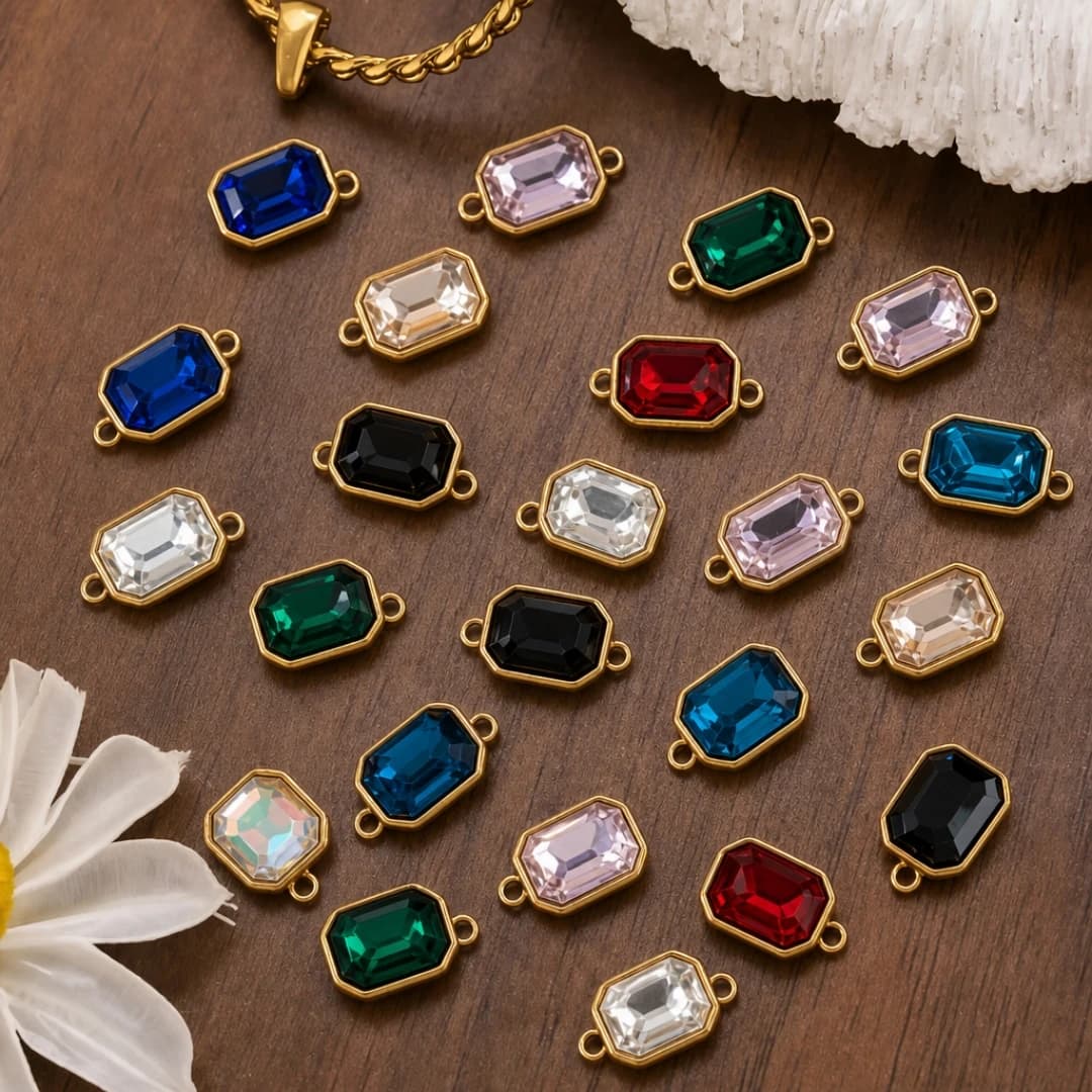 10 pezzi di perline in acciaio inossidabile con zirconi e strass, ciondoli rettangolari in cristallo colorato per collane, bracciali e creazione di gioielli.
