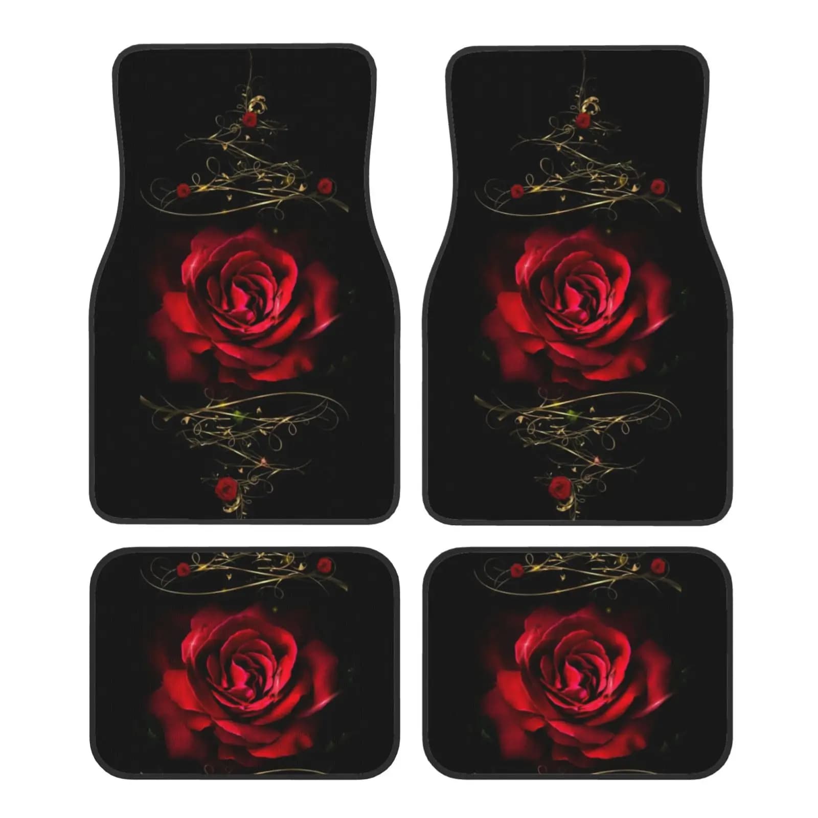 Car mats with Rose print, Set of 4 Universal Pieces Front and Rear with Rubber Anti-slip Base, Decorative Auto Accessories for All Seasons