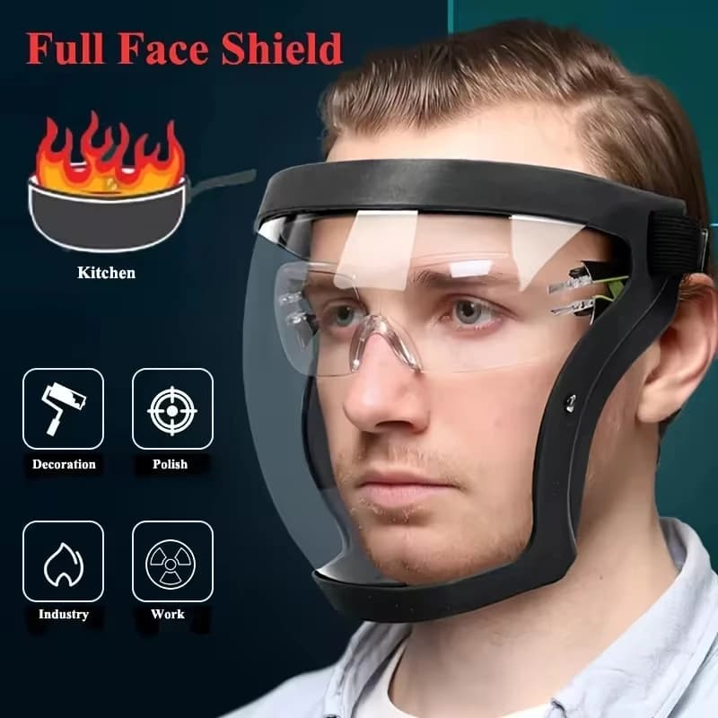 Full face transparent protective mask with adjustable buckle - Reusable and heat resistant facial visor for safety at work, outside