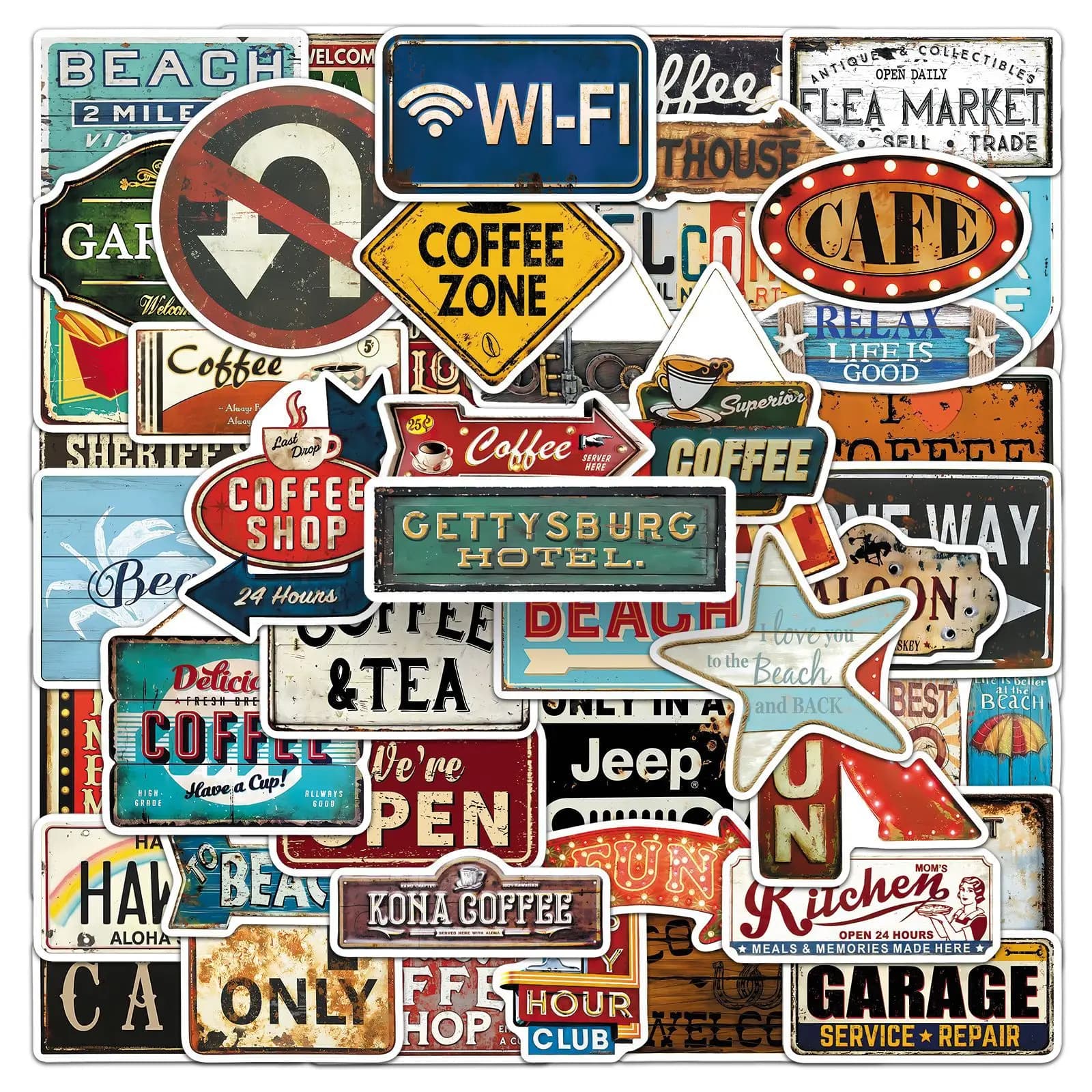 50-Pack Vintage Signage Decal Stickers Waterproof Decorative Decals for Phones Tablets Guitars Notes Stationery Retro Style