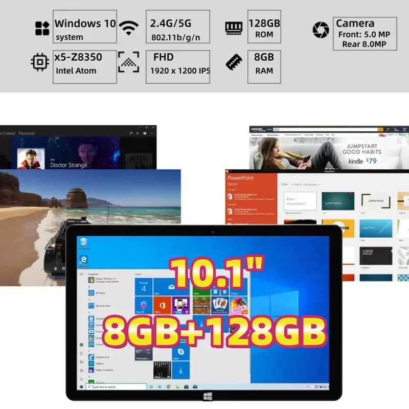 Tablet Windows 10 da 10.1 Pollici 64bit, 8GB RAM 128GB ROM, Intel Atom x5-Z8350 Quad Core, 1920x1200 IPS, WIFI, Doppia Fotocamera, 1 Porta USB 3.0