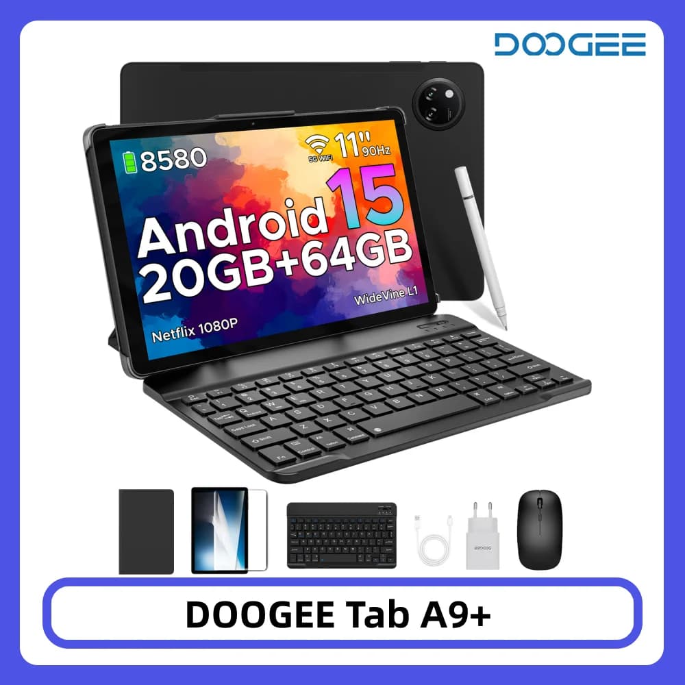 DOOGEE Tab A9+ Tablet 11" Display HD 20GB(4+16) 64GB Batteria Grande 8580mAh Unisoc T7200 Octa Core Doppi Altoparlanti 13MP Android 15