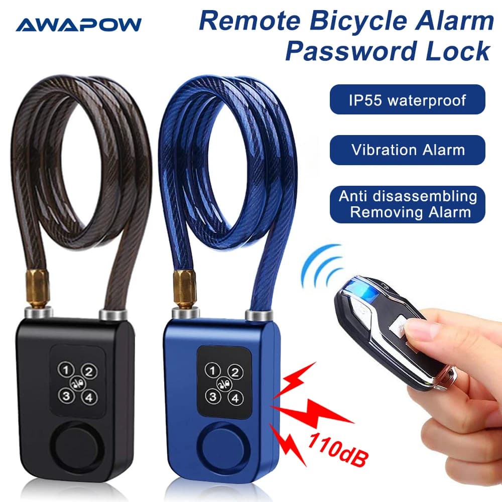 Awapow Allarme bici Blocco codice Telecomando Allarme bicicletta 110dB Antifurto Sicurezza Ciclismo Moto Blocco password a 4 cifre