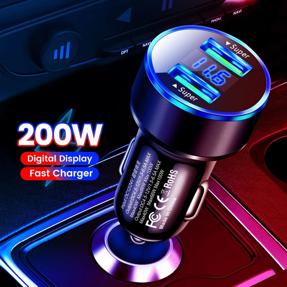 200 W USB Car Charger 2 Door Fast Rechargeable Car Phone Charger for iPhone Samsung Huawei Xiaomi Charger with Digital Car Display