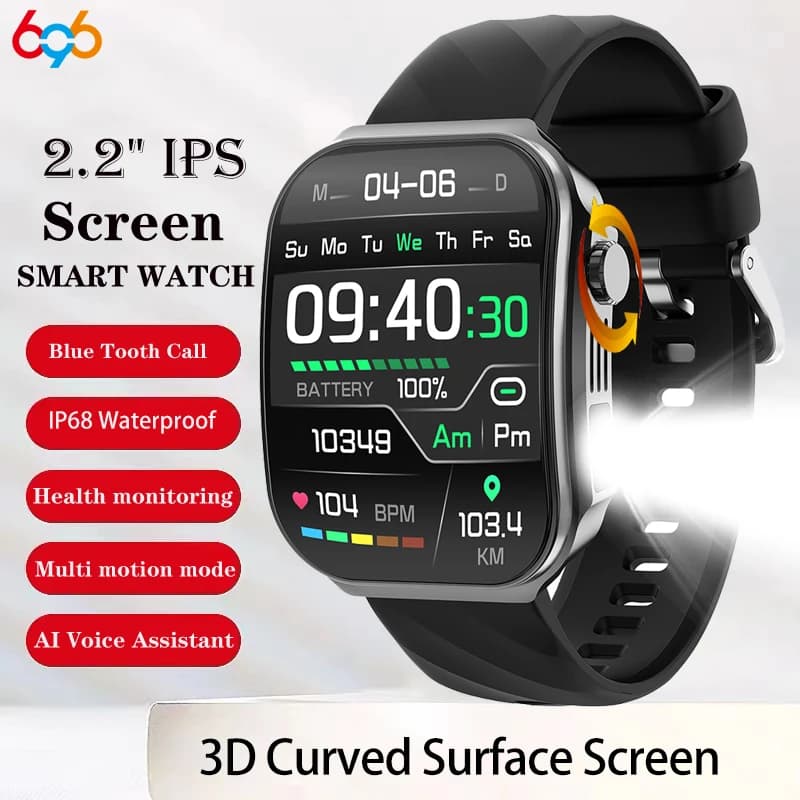 Nuovo Smartwatch con Schermo Curvo 3D per Uomo e Donna, Orologio Sportivo da Esterno con Torcia, Chiamate Bluetooth, Monitoraggio Salute, Musica e Impermeabilità