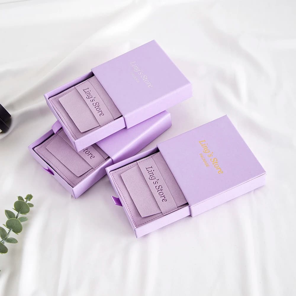 24 set logo personalizzato viola 9x9x2.5 cm confezione regalo gioielli 8x8 cm busta in microfibra borsa scamosciata anelli di velluto orecchini organizer buste