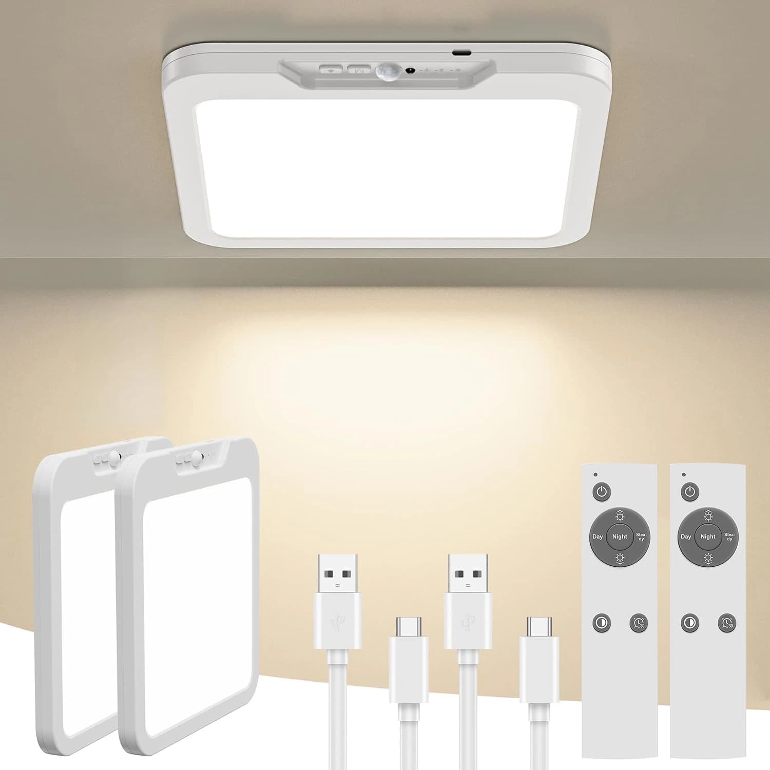 Plafoniera ricaricabile 2PC/1PC con telecomando, luci per armadio a batteria con sensore di movimento, 3 temperature di colore magnetiche
