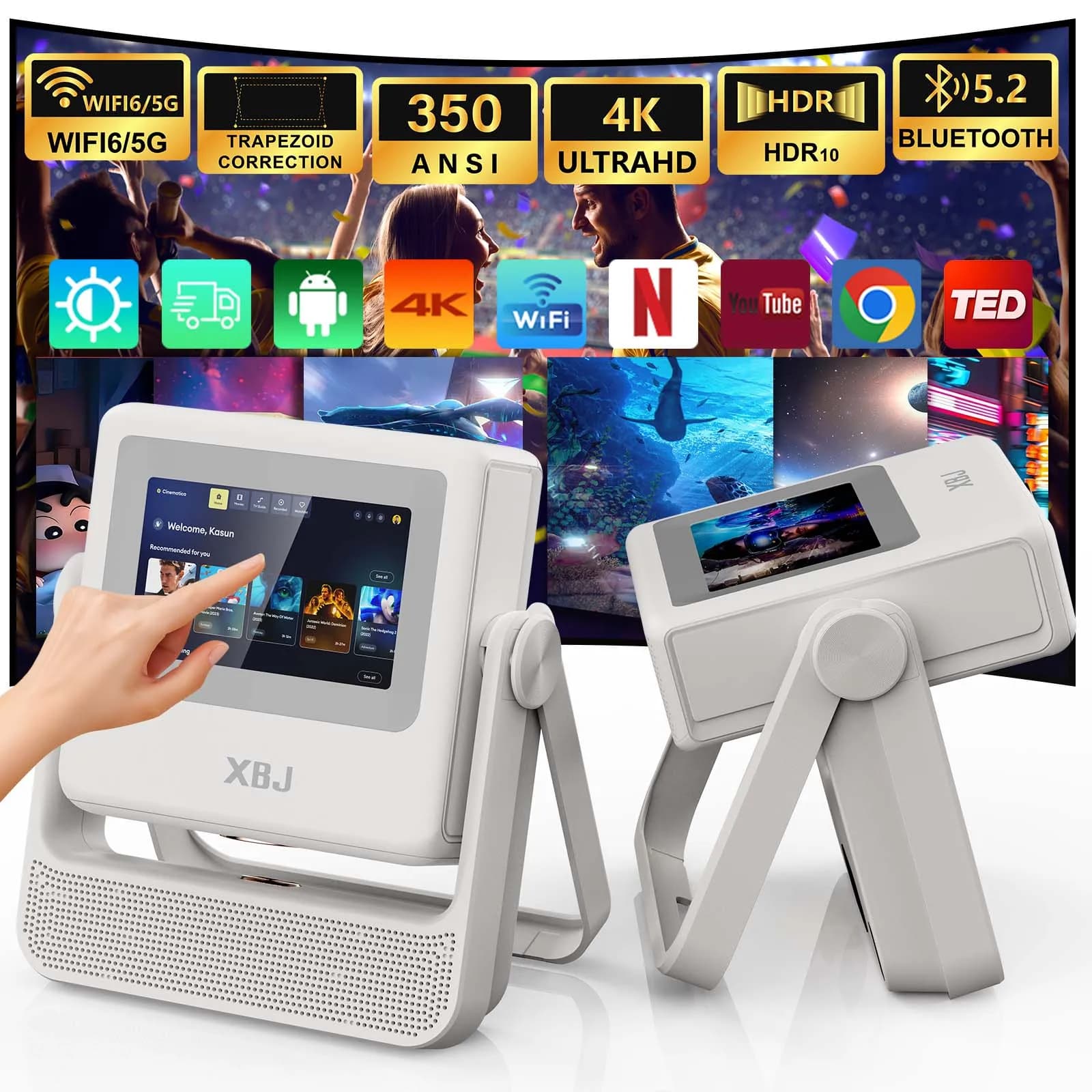 XBJ Smart Touch Screen Proiettore portatile Supporto 4K Wifi 6 Bluetooth Messa a fuoco automatica Compatibile con telefono/TVStick/pc/interno esterno
