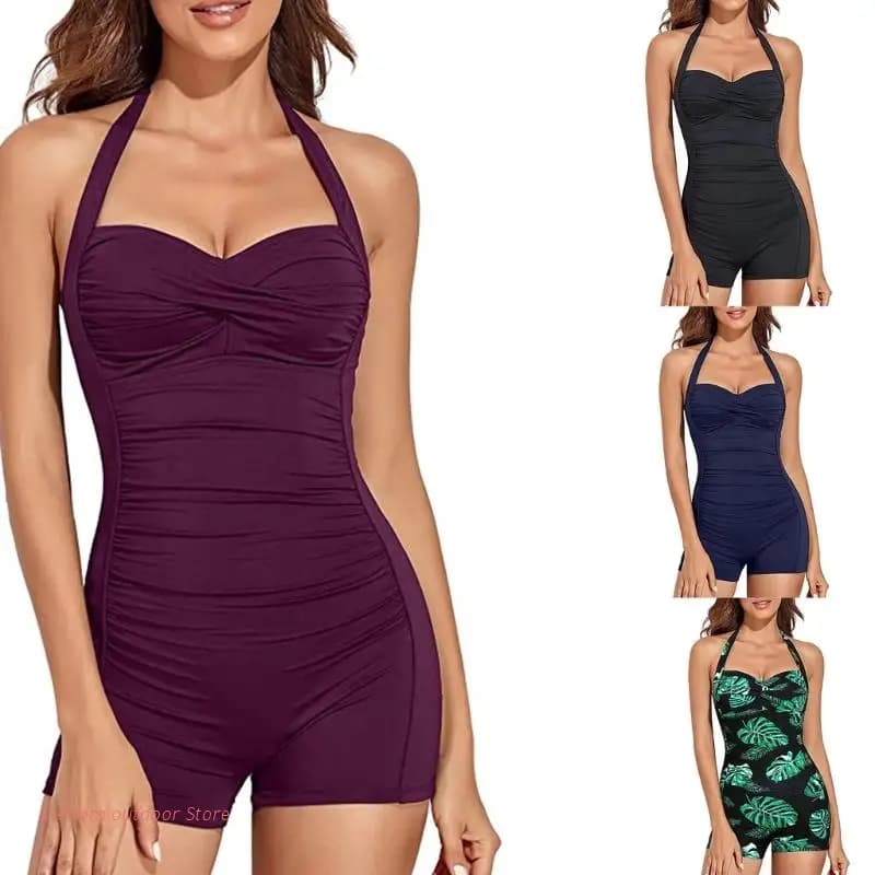 Donne Tummy Control costumi da bagno interi con pantaloncini Boyleg Retro-costume da bagno Halter-costumi da bagno costume da bagno monokini increspato