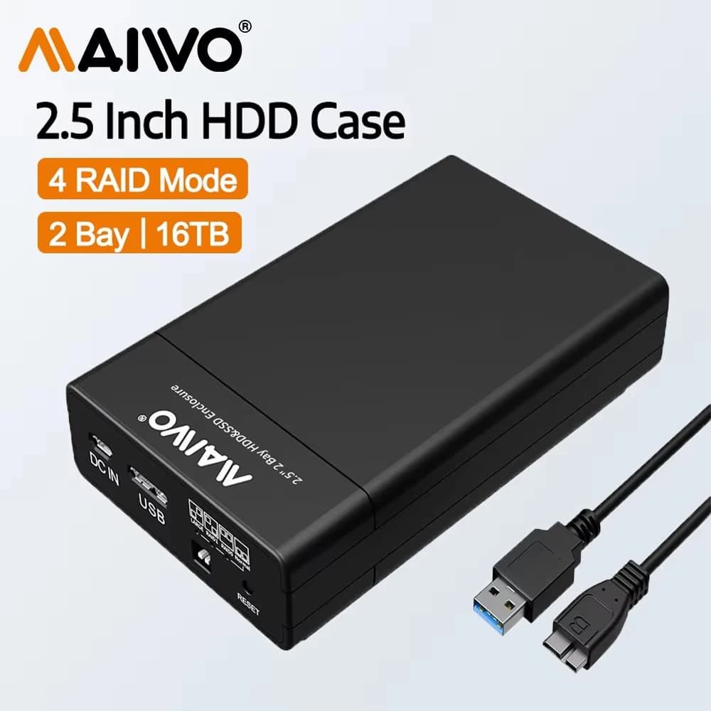 Custodia per disco rigido RAID MAIWO Dual Bay con USB 3.0 per SSD/HDD SATA da 2,5'' Supporto UASP Custodia per HDD esterna da 16 TB con 4 modalità RAID