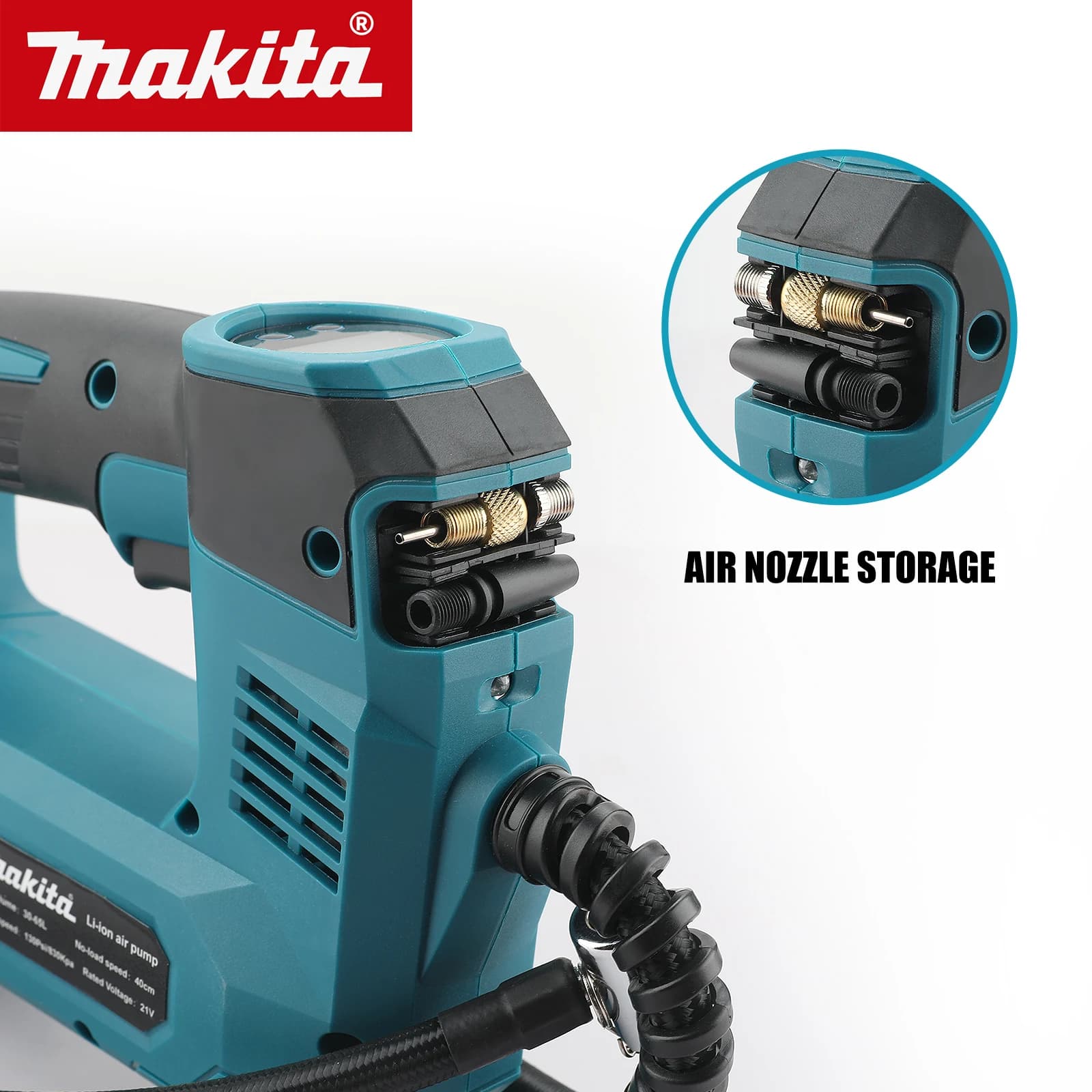 Pompa d'Aria Portatile Makita 18V a Batteria agli Ioni di Litio, Gonfiatore Senza Fili per Pneumatici Auto e Moto (Batteria Non Inclusa)