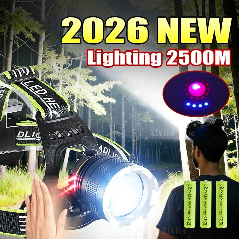 98800000LM Faro ad alta potenza Luce bianca/gialla a lungo raggio 4500M Lampada frontale ricaricabile a LED con sensore Testa da pesca Lanterna per ciclismo, campeggio e caccia